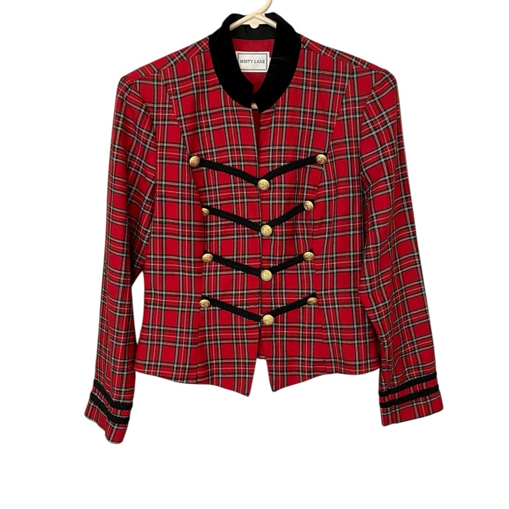 Misty Lane Cropped Jacket Vintage Size 10 Red Plaid Irish Gold Buttons USA